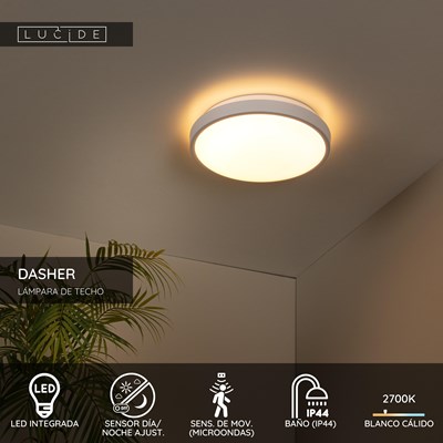 Lucide DASHER - Lámpara de techo Baño - Ø 29,3 cm - LED - 1x12W 2700K - IP44 - Sensor movimiento & día/noche - Blanco